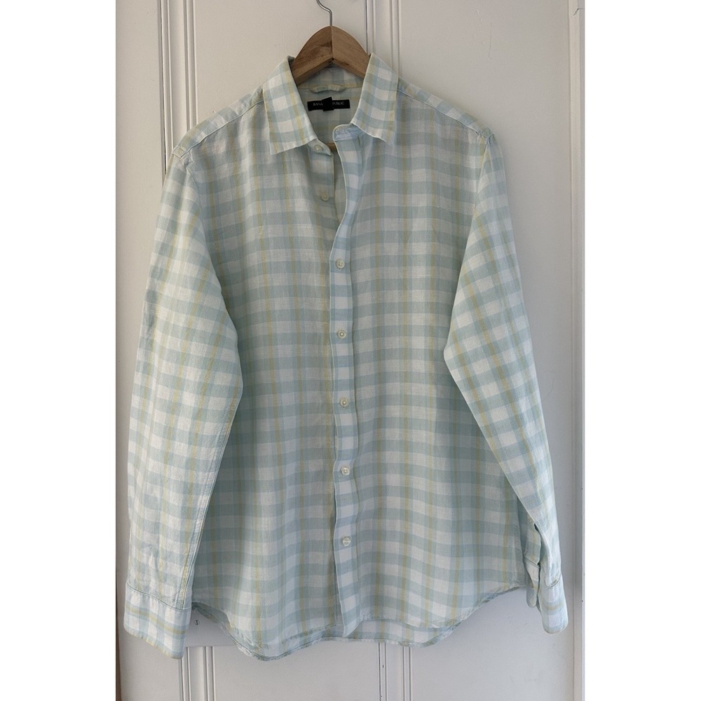 Banana Republic Men's Blue White Plaid Linen Cotton Button Front Shirt Size M